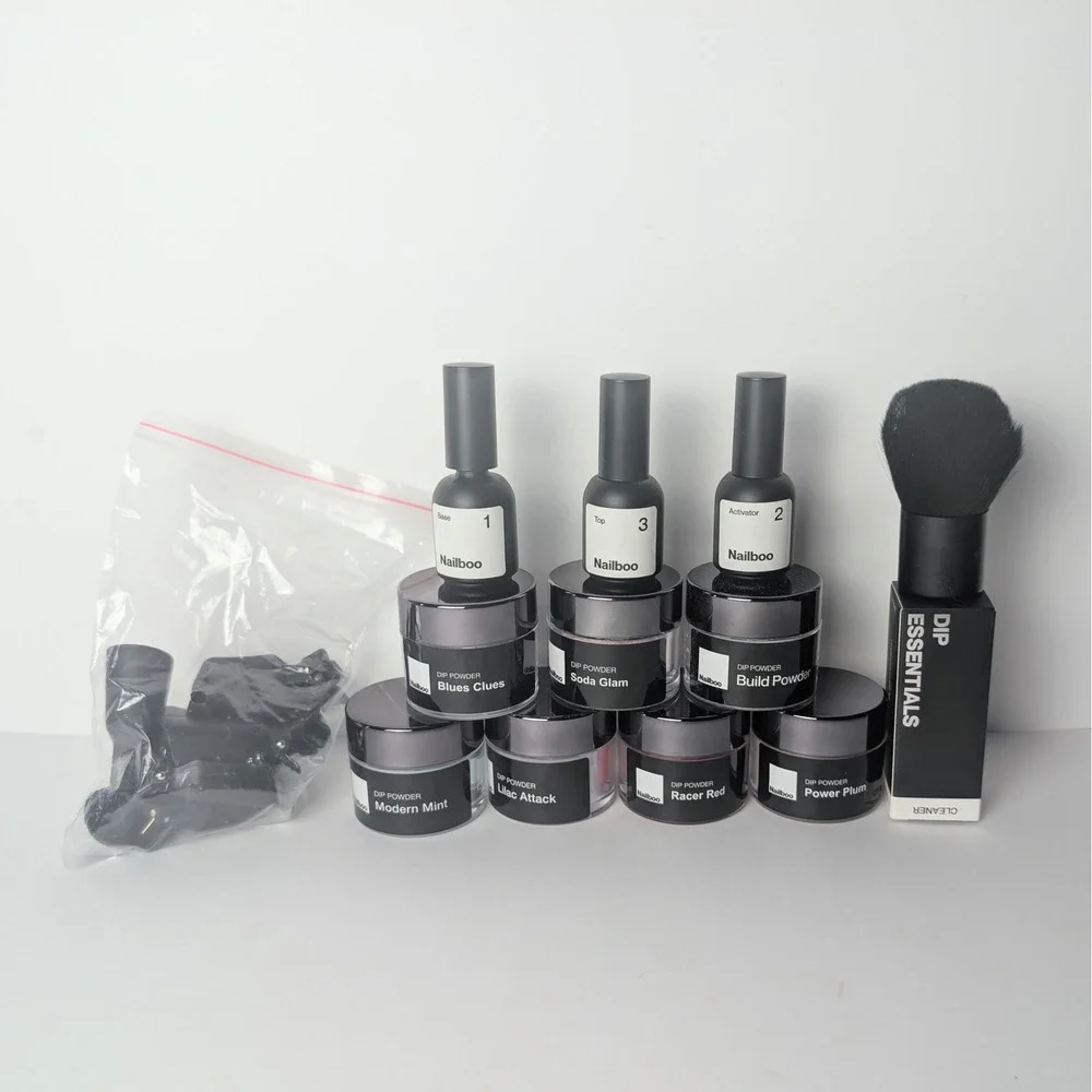 Nailboo Dip Powder Starter Kit 6 Colors Base Activator Top Brush Clip Used Once